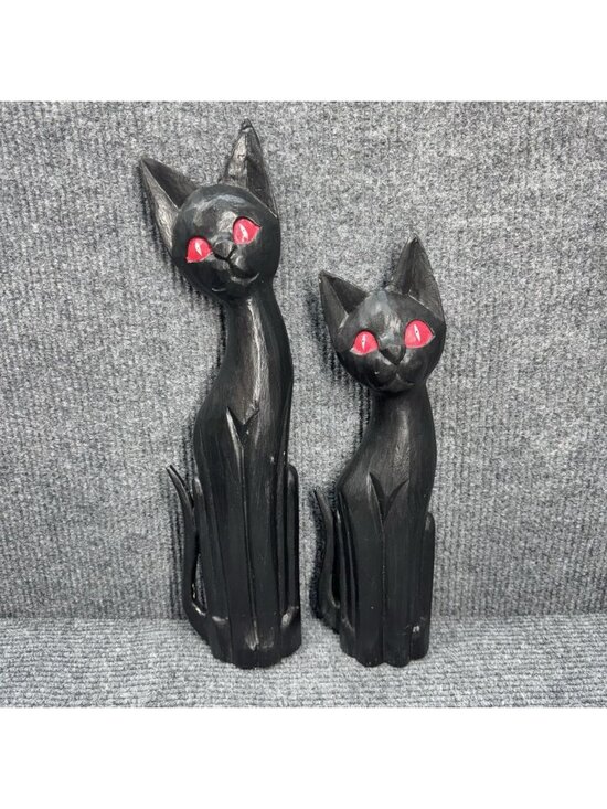 Unbranded Other - Set of 2 Vintage Black Cat Statues Wood Red Eyes Tall & Small Figures Halloween
